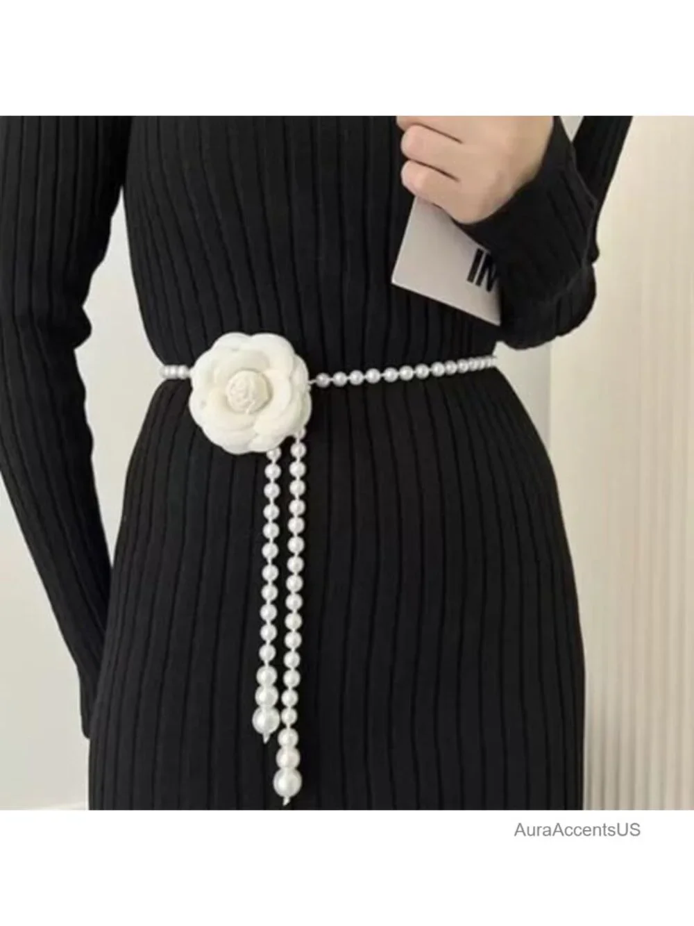 Large Floral Pearl Bead Waist Belt Faux Leather